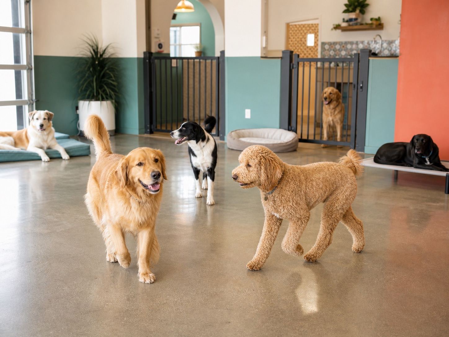 Pet grooming towels, shampoo, and tools in a clean salon