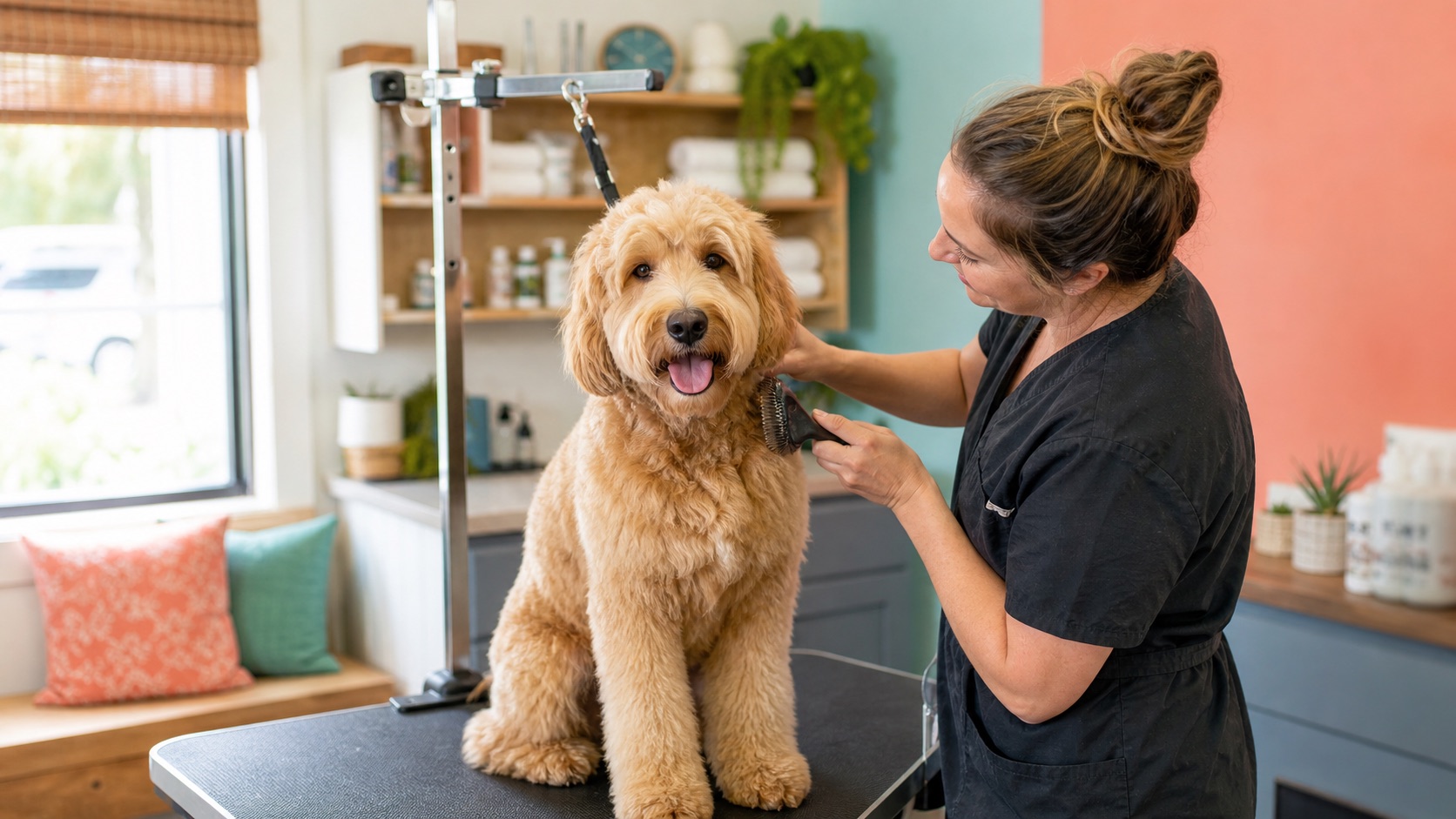 A calm dog being brushed in a bright grooming salon